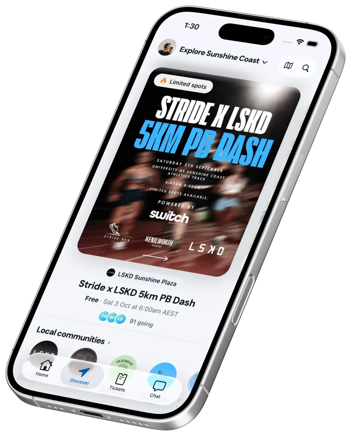 The Discover tab in the Moveera app on an angled iPhone: Explore Sunshine Coast, the Stride x LSKD 5km PB Dash poster marked Limited spots, 91 going, and a row of local communities.